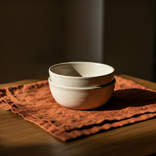 Warm ceramic bowls on terracotta linen representing calm hospitality bookkeeping support