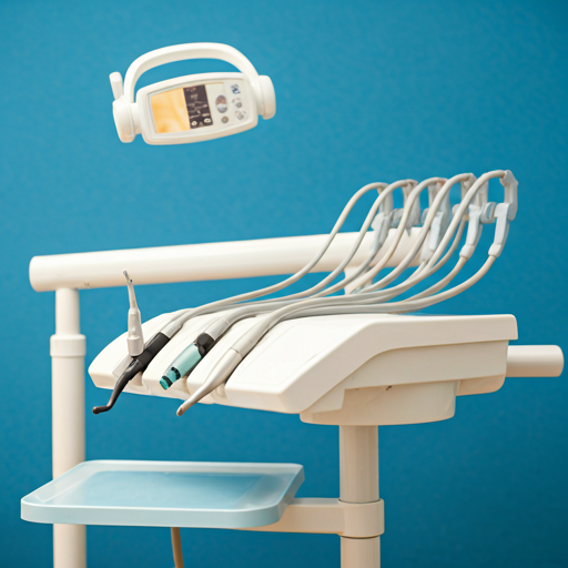 Close up of a modern sleek dental tool in a minimalist medical setting with clinical warm lighting
