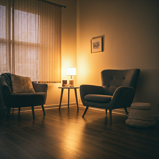 Calm and inviting modern therapy room with warm sunlight, soft linen textures, potted plants, and minimalist wooden furniture
