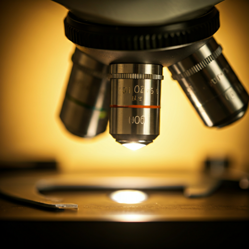 Close up of a microscope lens with light refracting through glass in a warm golden clinical setting
