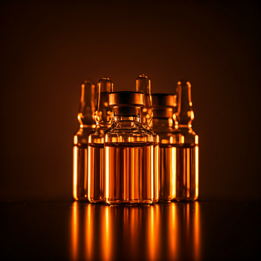 Abstract macro shot of glass medicinal vials reflecting warm terracotta light with soft bokeh and professional medical atmosphere