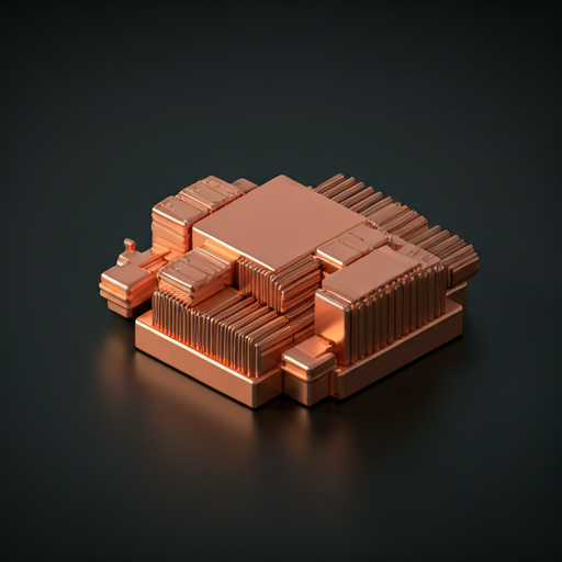 Abstract minimalist digital artwork showing interlocking copper geometric shapes representing logistics and shipping networks