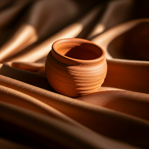 Abstract macro shot of textured terracotta clay pots and warm silk fabric layered in a minimalist editorial composition with soft shadows