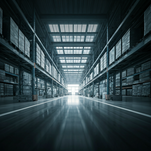 Abstract architectural shot of geometric repetitive patterns in a modern clay-coloured warehouse with sharp shadows and structural stacks