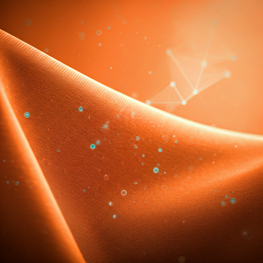 Abstract close-up of textured fabric and digital nodes connecting on a warm peach background representing network
