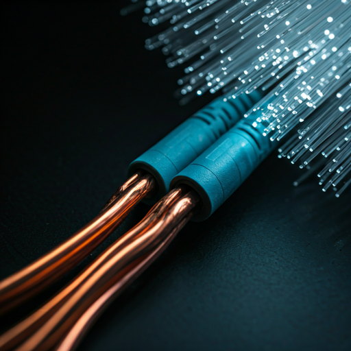 Abstract macro shot of copper wiring and glowing fibre optic cables representing professional digital networks and connectivity