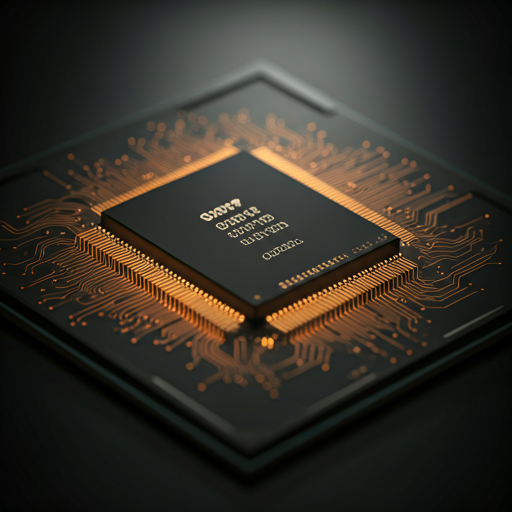Dramatic lighting on a silicon chip with intricate copper pathways and glowing golden highlights representing digital expertise
