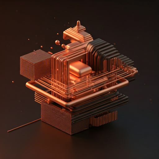 Abstract 3D digital sculpture representing geometric code blocks and architectural structure with warm terracotta and peach lighting