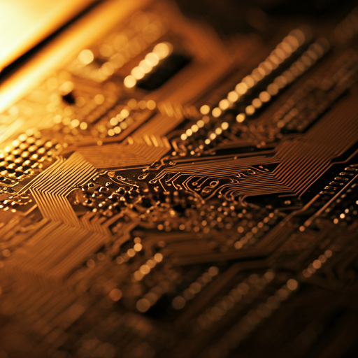Abstract closeup of a high-tech circuit board illuminated by warm golden light highlighting structural complexity
